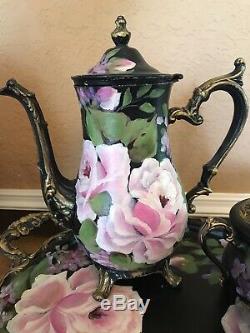 Upcycled Painted Silver Tea Set Tray Pot Creamer Sugar Bowl Black Vintage