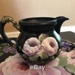 Upcycled Painted Silver Tea Set Tray Pot Creamer Sugar Bowl Black Vintage