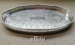 VINTAGE Large Silver Plated Chased Footed Gallery Galleried Oval Drinks Tea Tray