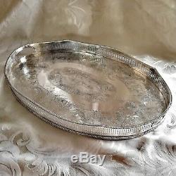 VINTAGE Large Silver Plated Chased Footed Gallery Galleried Oval Drinks Tea Tray