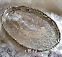 VINTAGE Large Silver Plated Chased Footed Gallery Galleried Oval Drinks Tea Tray