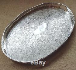 VINTAGE Large Silver Plated Chased Footed Gallery Galleried Oval Drinks Tea Tray