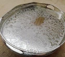 VINTAGE Large Silver Plated Chased Footed Gallery Galleried Oval Drinks Tea Tray