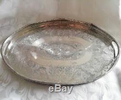 VINTAGE Large Silver Plated Chased Footed Gallery Galleried Oval Drinks Tea Tray