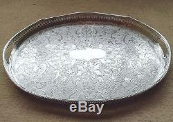 VINTAGE Large Silver Plated Chased Footed Gallery Galleried Oval Drinks Tea Tray