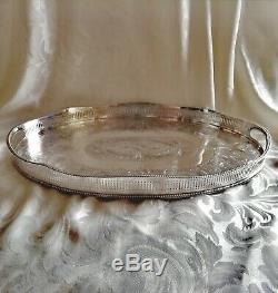 VINTAGE Large Silver Plated Chased Footed Gallery Galleried Oval Drinks Tea Tray