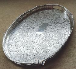 VINTAGE Large Silver Plated Chased Footed Gallery Galleried Oval Drinks Tea Tray