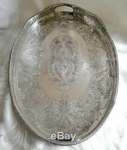 VINTAGE Large Silver Plated Chased Footed Gallery Galleried Oval Drinks Tea Tray