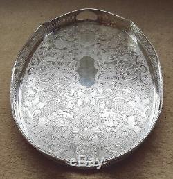 VINTAGE Large Silver Plated Chased Footed Gallery Galleried Oval Drinks Tea Tray