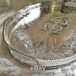 VINTAGE Large Silver Plated Chased Footed Gallery Galleried Oval Drinks Tea Tray