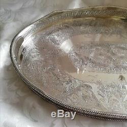 VINTAGE Large Silver Plated Chased Footed Gallery Galleried Oval Drinks Tea Tray