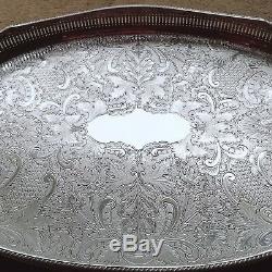 VINTAGE Large Silver Plated Chased Footed Gallery Galleried Oval Drinks Tea Tray