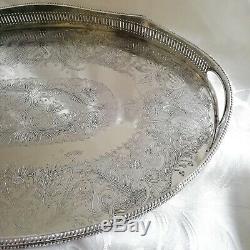 VINTAGE Large Silver Plated Chased Footed Gallery Galleried Oval Drinks Tea Tray