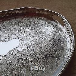 VINTAGE Large Silver Plated Chased Footed Gallery Galleried Oval Drinks Tea Tray