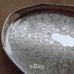 VINTAGE Large Silver Plated Chased Footed Gallery Galleried Oval Drinks Tea Tray