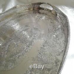 VINTAGE Large Silver Plated Chased Footed Gallery Galleried Oval Drinks Tea Tray