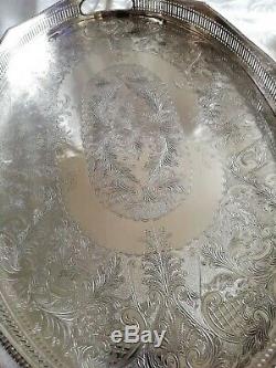 VINTAGE Large Silver Plated Chased Footed Gallery Galleried Oval Drinks Tea Tray