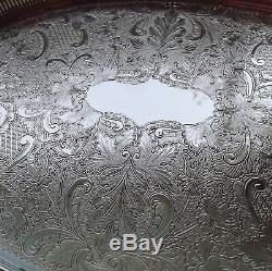 VINTAGE Large Silver Plated Chased Footed Gallery Galleried Oval Drinks Tea Tray