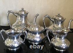 VINTAGE REED & BARTON 5 PC SILVER PLATE TEA COFFEE SET With RARE REPOUSSE UPGRADE