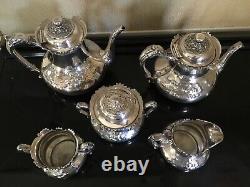 VINTAGE REED & BARTON 5 PC SILVER PLATE TEA COFFEE SET With RARE REPOUSSE UPGRADE