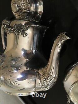 VINTAGE REED & BARTON 5 PC SILVER PLATE TEA COFFEE SET With RARE REPOUSSE UPGRADE