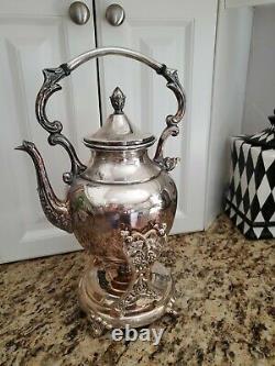 VINTAGE SHERIDAN SILVER ON COPPER TILT TEA POT COFFEE WITH STAND and Warmer