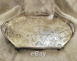 VINTAGE Top Quality Silver Plated Chased Footed Gallery Drinks Tea Serving Tray