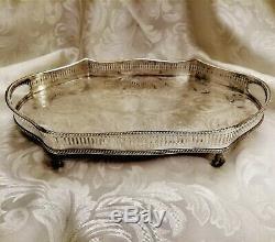 VINTAGE Top Quality Silver Plated Chased Footed Gallery Drinks Tea Serving Tray