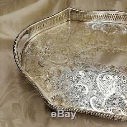 VINTAGE Top Quality Silver Plated Chased Footed Gallery Drinks Tea Serving Tray