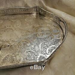 VINTAGE Top Quality Silver Plated Chased Footed Gallery Drinks Tea Serving Tray