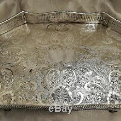 VINTAGE Top Quality Silver Plated Chased Footed Gallery Drinks Tea Serving Tray