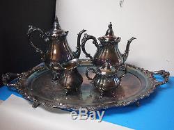 VINTAGE WALLACE BAROQUE SILVER PLATE COFFEE AND TEA SET WithTRAY