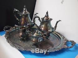 VINTAGE WALLACE BAROQUE SILVER PLATE COFFEE AND TEA SET WithTRAY