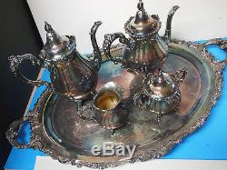 VINTAGE WALLACE BAROQUE SILVER PLATE COFFEE AND TEA SET WithTRAY