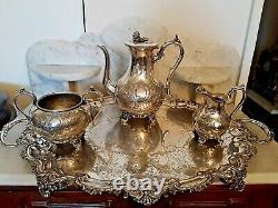 Victorian 1880's Silver Plated 3 Pc. Tea Set WithTray Heavily Ornately Chased