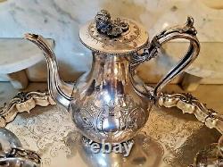 Victorian 1880's Silver Plated 3 Pc. Tea Set WithTray Heavily Ornately Chased