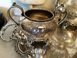 Victorian 1880's Silver Plated 3 Pc. Tea Set WithTray Heavily Ornately Chased
