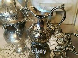 Victorian 1880's Silver Plated 3 Pc. Tea Set WithTray Heavily Ornately Chased