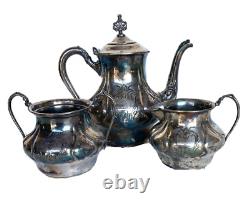 Victorian Britannia Metal Co. Quad Plate Silver Tea Set, Hand Hammered & Chased