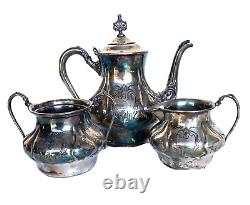 Victorian Britannia Metal Co. Quad Plate Silver Tea Set, Hand Hammered & Chased