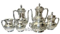 Victorian Era Pairpoint Quadruple Silverplate 6 Piece Repousse Breakfast Tea Set