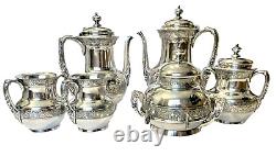 Victorian Era Pairpoint Quadruple Silverplate 6 Piece Repousse Breakfast Tea Set