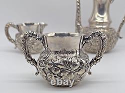 Victorian Era Silver-Plated Tea Set Simpson Hall Miller Embossed Roses Repousse