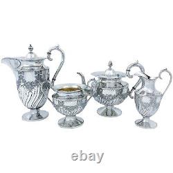 Victorian James Deakin 4pc coffee tea service embossed flower, garlands, bows