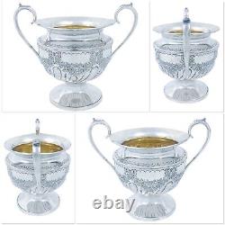 Victorian James Deakin 4pc coffee tea service embossed flower, garlands, bows