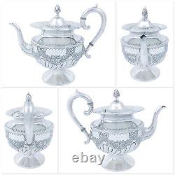 Victorian James Deakin 4pc coffee tea service embossed flower, garlands, bows