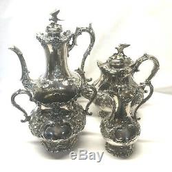 Victorian Ornate Sheffield Silver Plate Tea Set with Bird Finials 4 Piece Set