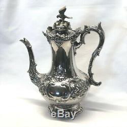 Victorian Ornate Sheffield Silver Plate Tea Set with Bird Finials 4 Piece Set