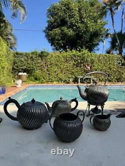 Victorian UK Hallmarked Dixon 5 Piece Silver Plate Fluted Tea Pot Service Set