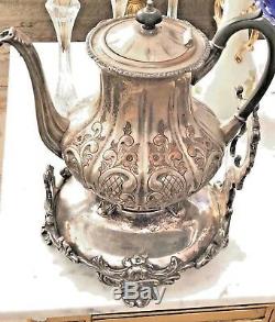 Victorian large Tea Set Silver Plate Engraved Flower on Copper